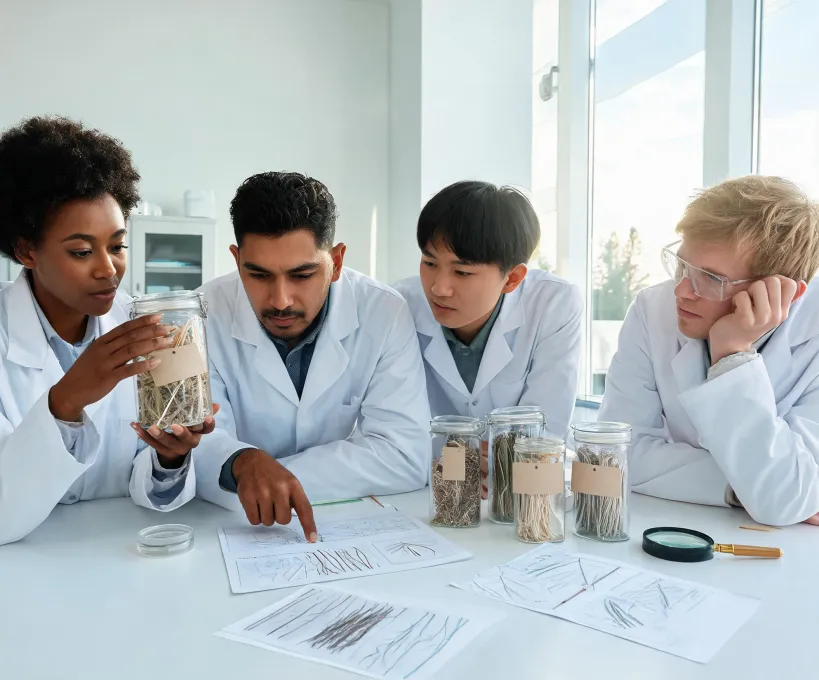 Engineers reviewing fiber specimens and technical documents
