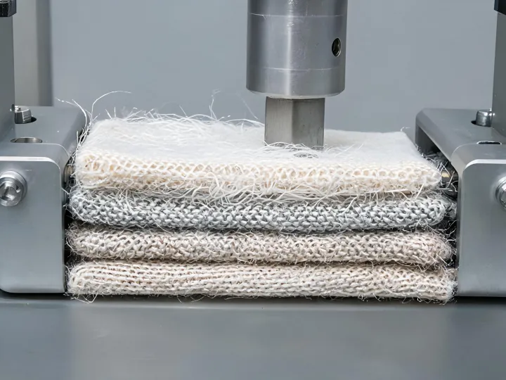 Protective textile construction sample under cut test fixture