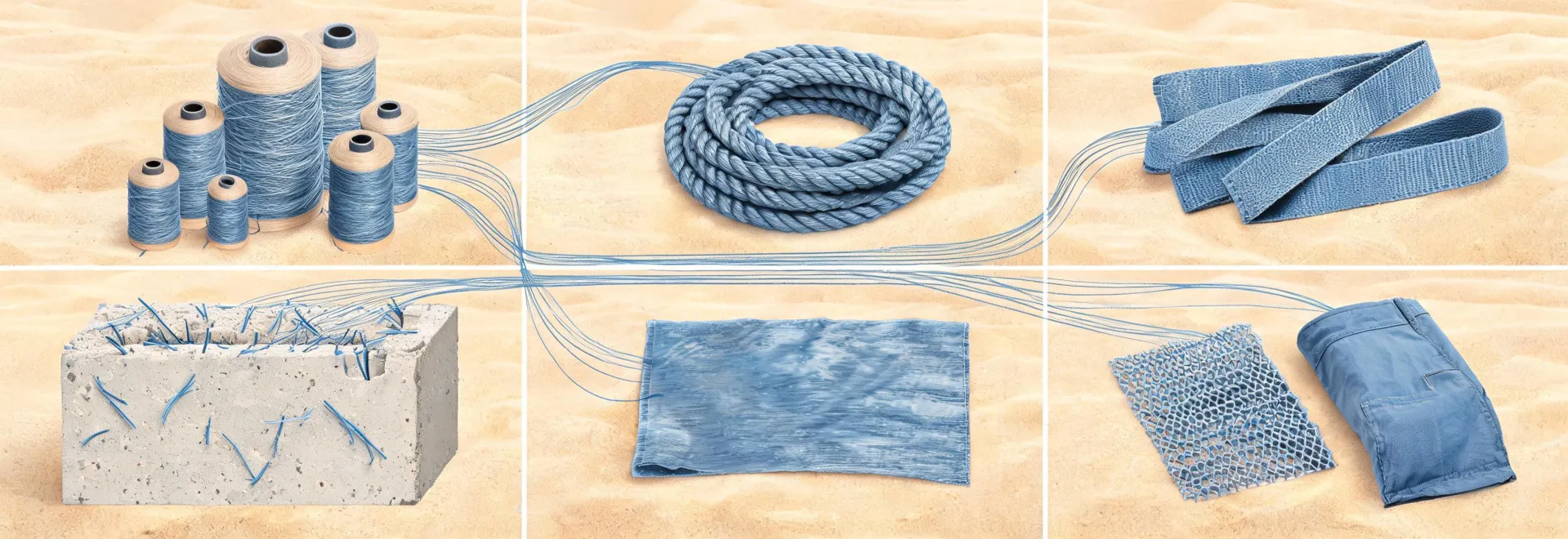 Industrial fiber application map across ropes, sheets and reinforcement